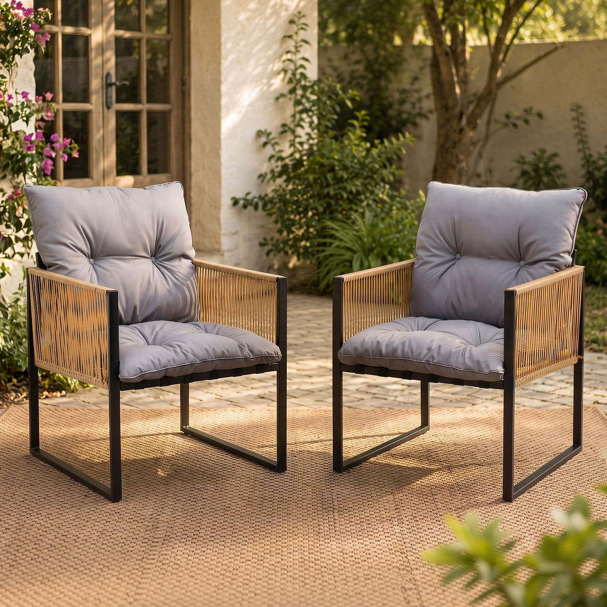 Gardeon 2PC Outdoor Dining Chair Wicker Patio Armchair Cushion Garden Furniture