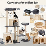 i.Pet Cat Tree Tower 133cm Rotatable L-Shape Design Scratching Post Furniture Scratcher House Grey & Beige