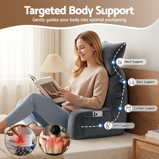 Giselle Bedding Reading Pillow with Detachable Neck Roll & Armrests Sit Up Pillow for Bed Back Support Pillow for Watching TV & Gaming Gray