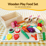 Keezi Kids Wooden Pretend Kitchen Playset with 29pc Cutting Food Set
