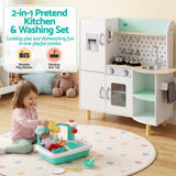 Keezi Kid Pretend Kitchen Wooden Play Sink Playset Dishwasher Toys Green