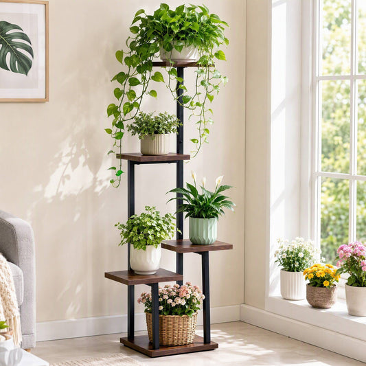 Artiss 5-Tier Plant Stand Indoor Outdoor, Metal & Wood Pot Plant Shelf, Tall Display Rack for Multiple Plants, Tiered Flower Holder for Patio Garden Balcony Living Room Corner Bedroom, Brown