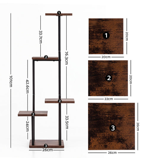 Artiss 5-Tier Plant Stand Indoor Outdoor, Metal & Wood Pot Plant Shelf, Tall Display Rack for Multiple Plants, Tiered Flower Holder for Patio Garden Balcony Living Room Corner Bedroom, Brown