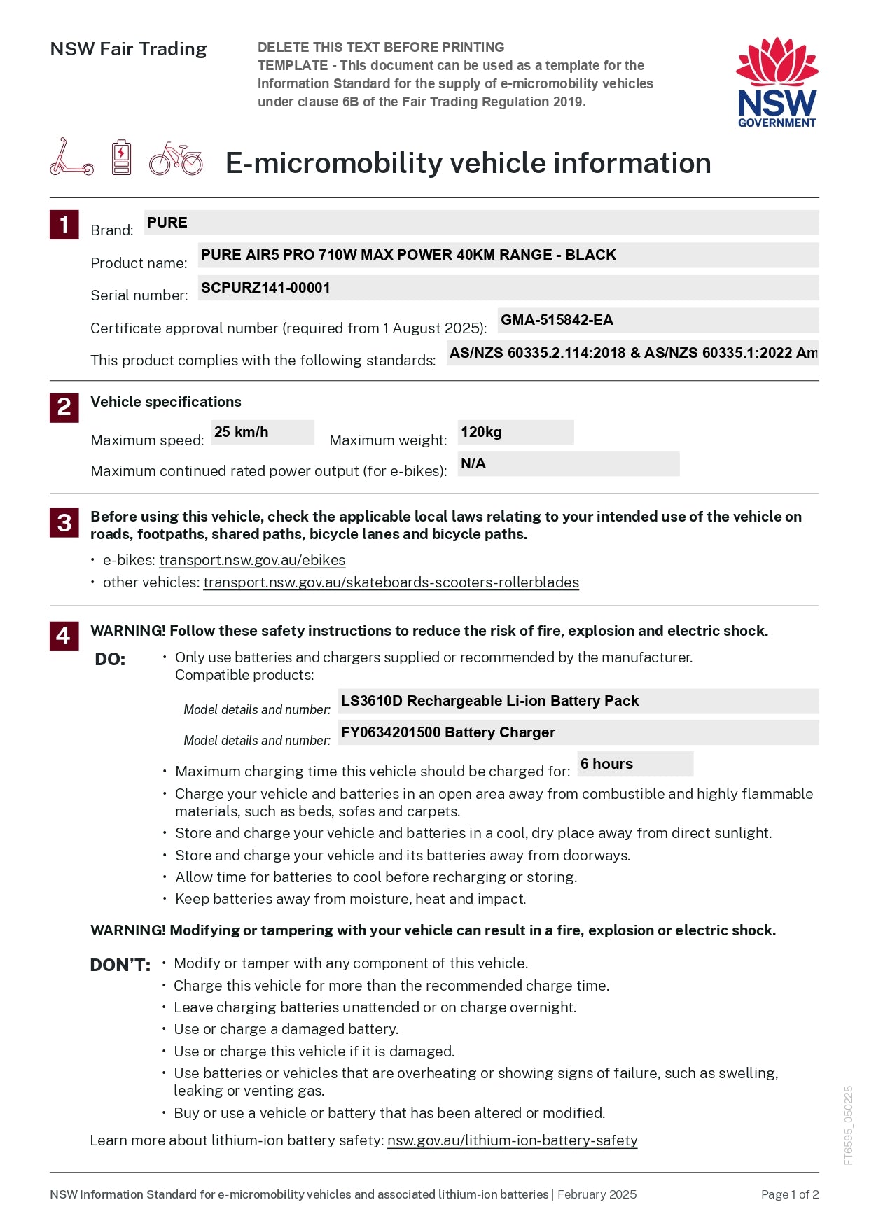 E-micromobility vehicle information sheet from NSW Fair Trading with product details and safety instructions.