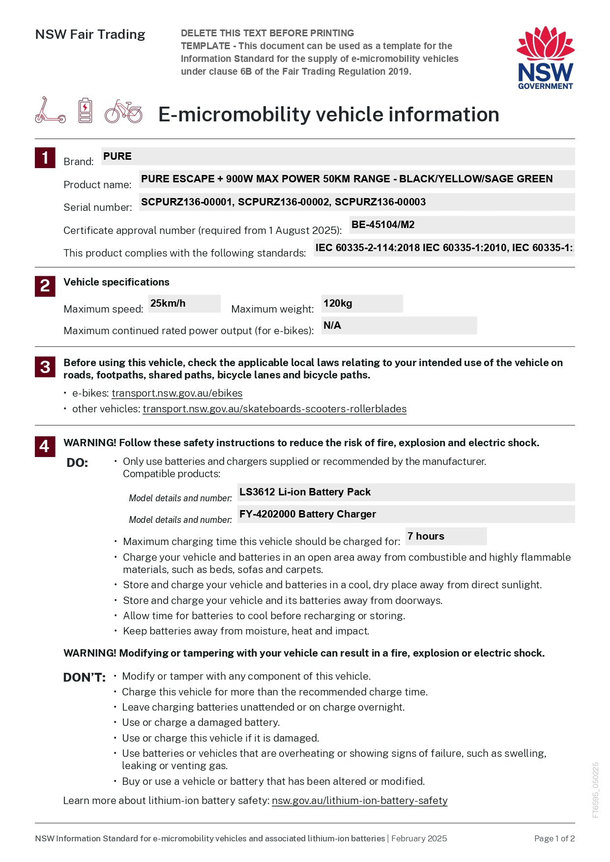 E-micromobility vehicle information sheet from NSW Fair Trading with product details and safety instructions.