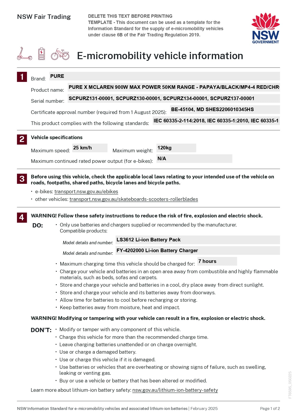 E-micromobility vehicle information sheet from NSW Fair Trading with product details and safety instructions.
