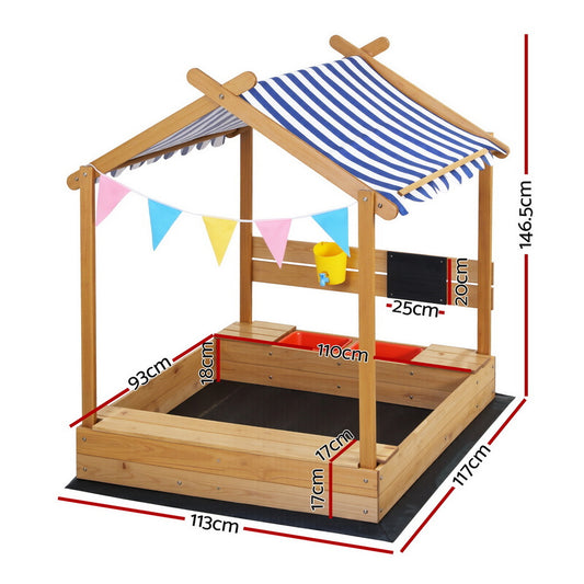 Keezi Kids Sandpit Wooden Sandbox Sand Pit with Canopy Water Basin Toys 146cm