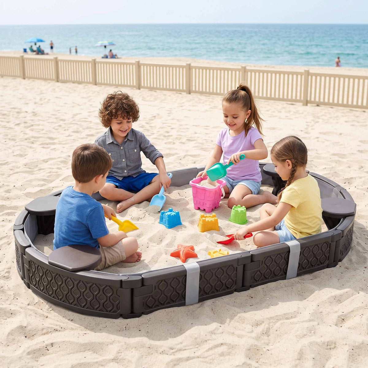 Keezi Kids Sandpit Toys Outdoor Sandbox Oval Sand Pit 4 Seats Grey Cover