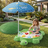 Keezi Kids Sandpit Turtle Sandbox Toys with Umbrella Lid Green 8 Accessories 3+