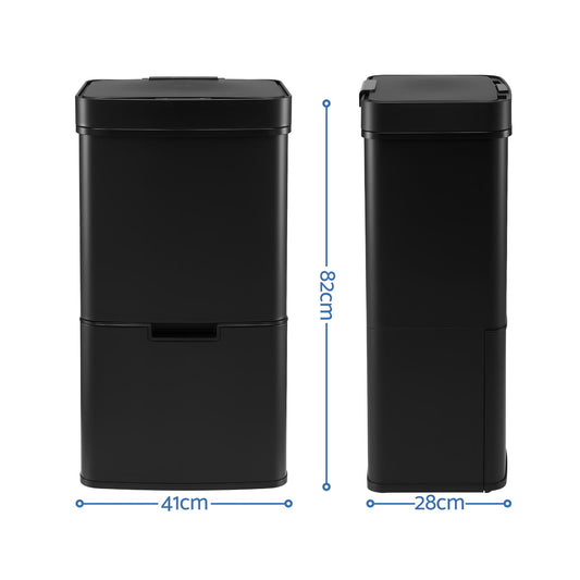 Devanti 72L Sensor Bin Rubbish Bins 4-in-1 Compartment Stainless Steel Trash Can Black