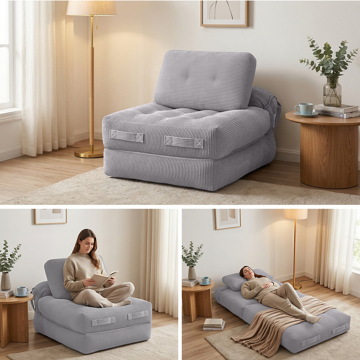 Artiss 1 Seater Corduroy Convertible Sofa Bed Pull Out Boneless Couch Grey