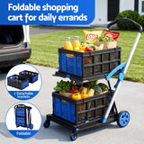 Artiss Shopping Trolley with Wheels 2 Layer w/2 Crates Foldable Trolley Blue