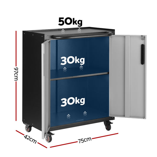 Giantz Rolling Tool Cabinet Heavy-Duty Storage Cabinet Adjustable Shelf Black and Grey