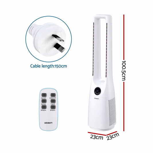 Devanti Bladeless Tower Fan 100cm 2-in-1 Cooling Airflow Purifying Remote