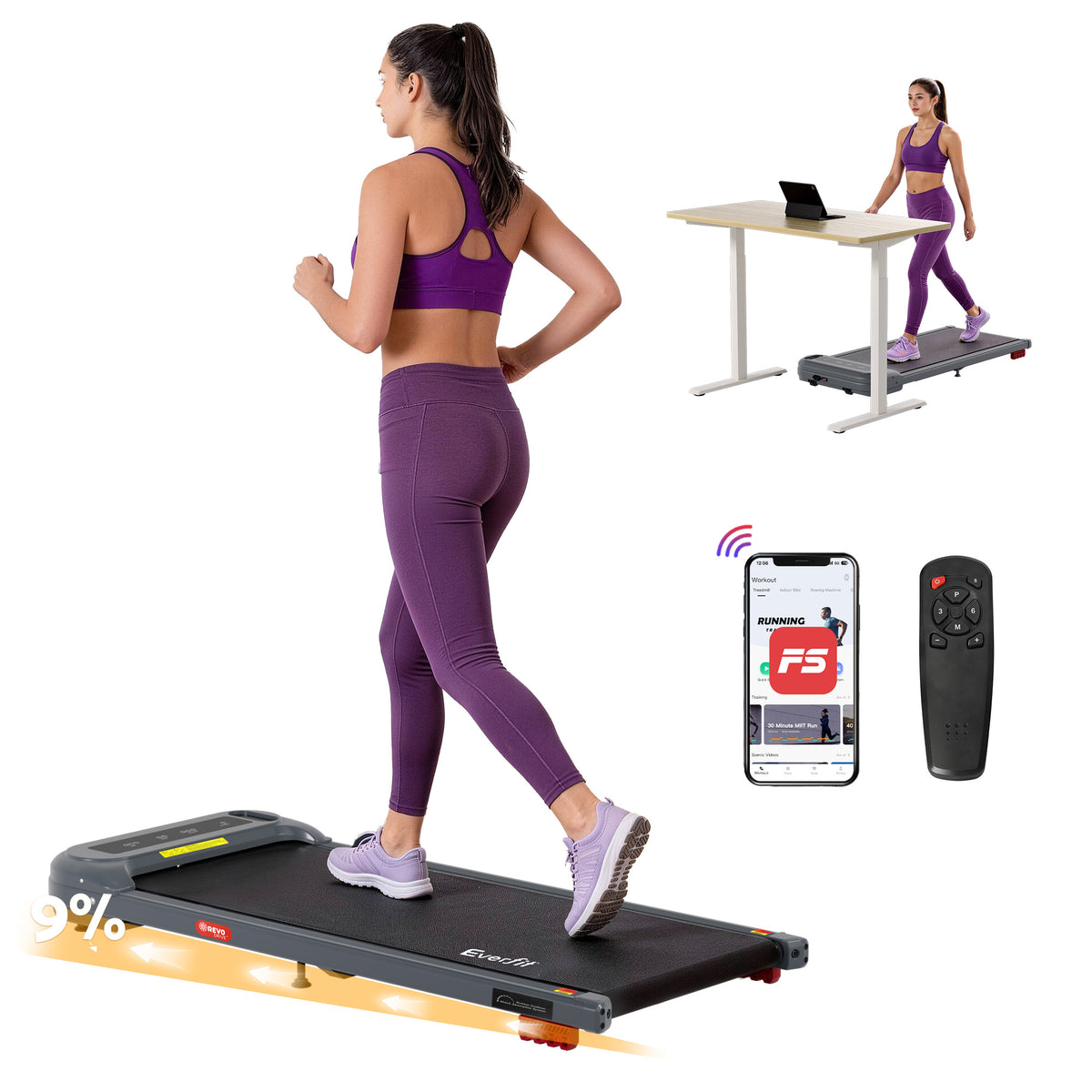 Everfit Treadmill Electric Walking Pad with Incline Under Desk Home Gym Grey