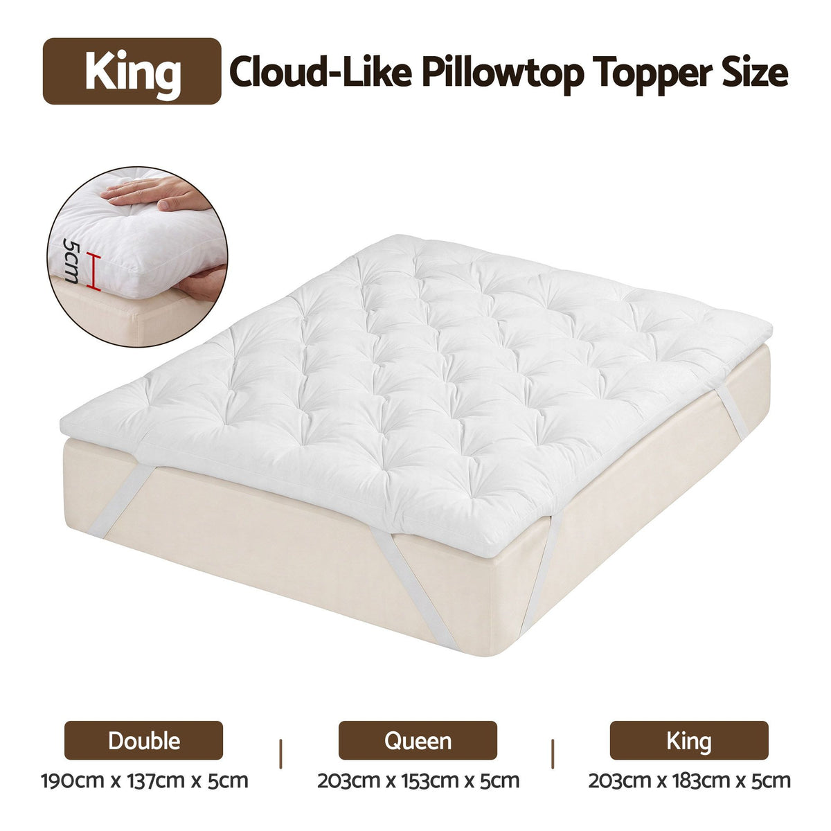 Giselle King Pillow Top Mattress Topper 1300GSM White Duck Feather For Old Bed Upgrade 5cm Thick