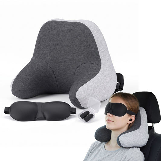 Wanderlite Travel Neck Pillow Portable for Airplane Memory Foam with Eyemask Earplugs Grey