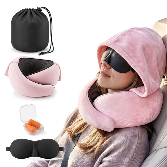 Wanderlite Hooded Travel Neck Pillow for Airplane Memory Foam with Eye Mask Earplugs, Pink