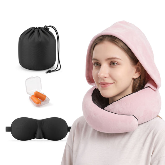 Wanderlite Hooded Travel Neck Pillow for Airplane Memory Foam with Eye Mask Earplugs, Pink