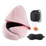 Wanderlite Hooded Travel Neck Pillow for Airplane Memory Foam with Eye Mask Earplugs, Pink