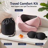 Wanderlite Hooded Travel Neck Pillow for Airplane Memory Foam with Eye Mask Earplugs, Pink
