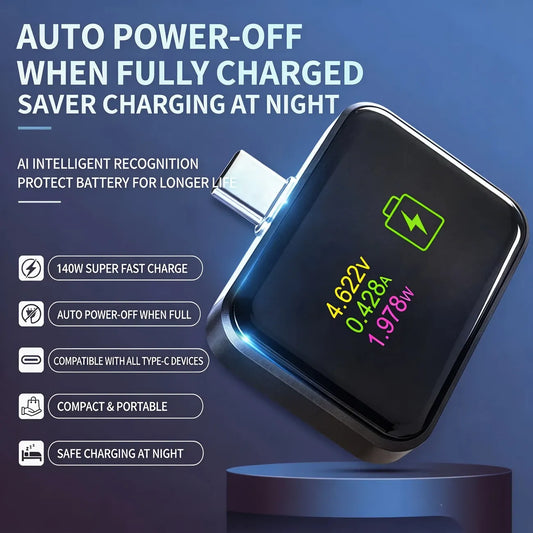 🔌 Type-C Smart Digital Display Auto-Off Adapter | 140W Fast Charging with Automatic Power-Off, Protects Battery & Extends Lifespan/black