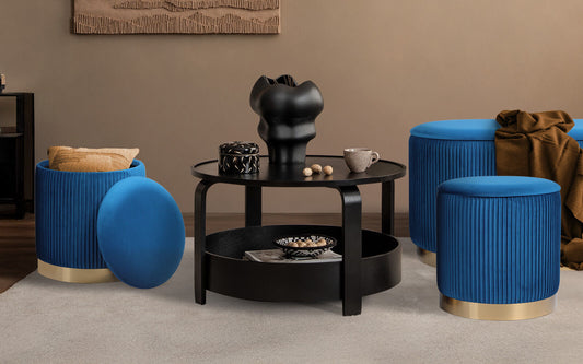 3 Piece Set Storage Ottoman - Blanket Box Velvet Padded Bench Stool FAYE BLUE