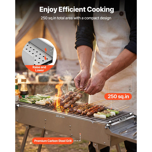 Foldable Charcoal Grill, 0.16 m² Portable Charcoal Barbecue Grill with Liftable Charcoal Tray & Side Tables, Brushed Stainless Steel BBQ Cooking Grills for Outdoor Camping Backyard Parties