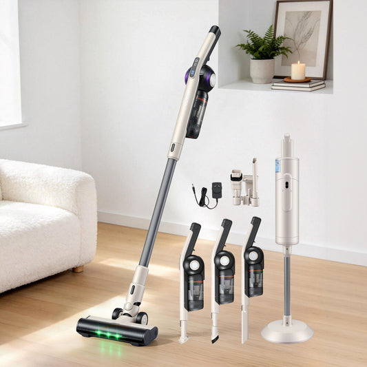 Devanti Cordless Vacuum Cleaner with Auto-Empty Dust Station, 18kPa Powerful Suction 1.05kg Lightweight 40Mins Runtime 3-Speed LED Floor Head Washable HEPA Filter Stick Vacuum, Oat