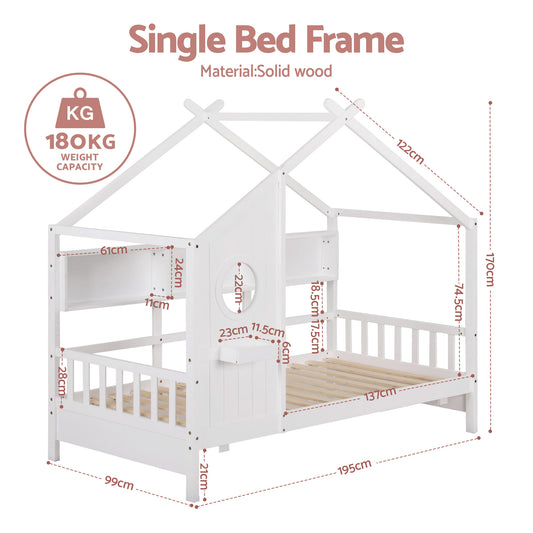 Artiss Kids Single Bed Frame House Bed Solid Wood Montessori Bed for Toddler White