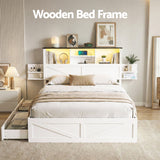 Artiss Double Bed Frame with Storage Drawers White Platform Bedframe with Bookcase Headboard Charging Station Led Light