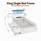 Artiss King Single Bed Frame with Storage Drawers White Platform Bedframe with Bookcase Headboard Charging Station Led Light