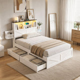 Artiss Single Bed Frame with Storage Drawers White Platform Bedframe with Bookcase Headboard Charging Station Led Light