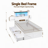 Artiss Single Bed Frame with Storage Drawers White Platform Bedframe with Bookcase Headboard Charging Station Led Light