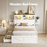 Artiss Single Bed Frame with Storage Drawers White Platform Bedframe with Bookcase Headboard Charging Station Led Light
