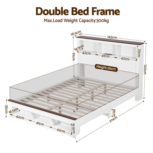 Artiss Double Bed Frame with Storage Bookcase Headboard and Footboard White Wooden Platform Bed with Charging Station and Led Light Bedroom Furniture