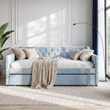 Artiss Single Buttonless Tufted Daybed Frame & Trundle, Blue
