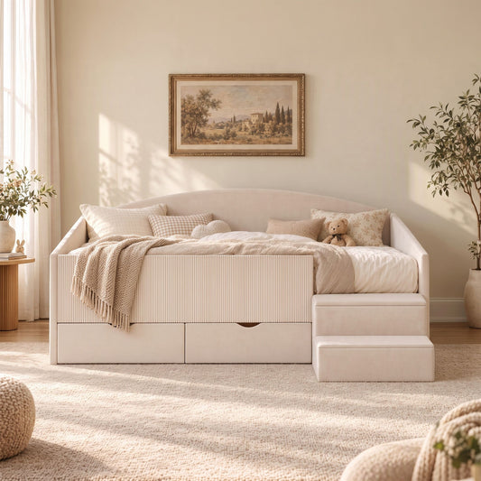 Artiss Single Upholstered Daybed with Side Stairs & Storage Drawers, Beige
