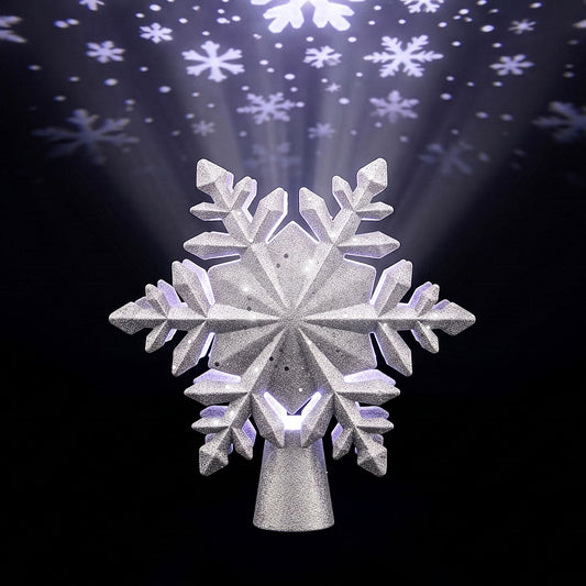 Jingle Jollys Christmas Tree Topper Lighted 360° Rotating Snowflake Projector Silver Glitter