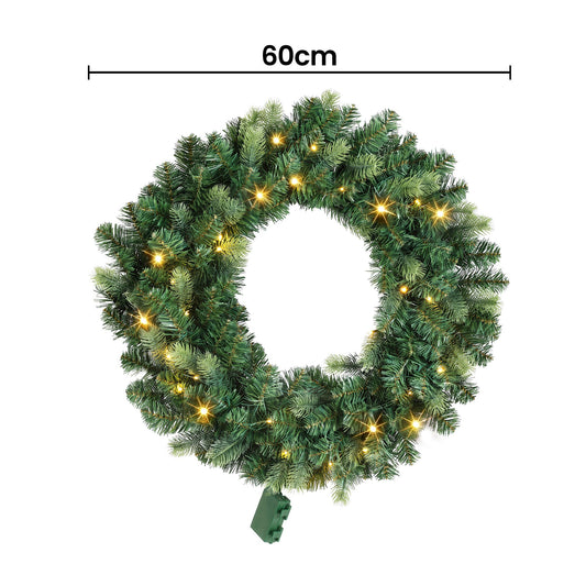 Jingle Jollys 60cm Pre-Lit Christmas Wreath GarlandsWarm White LED Light Door Wreaths Battery Timer