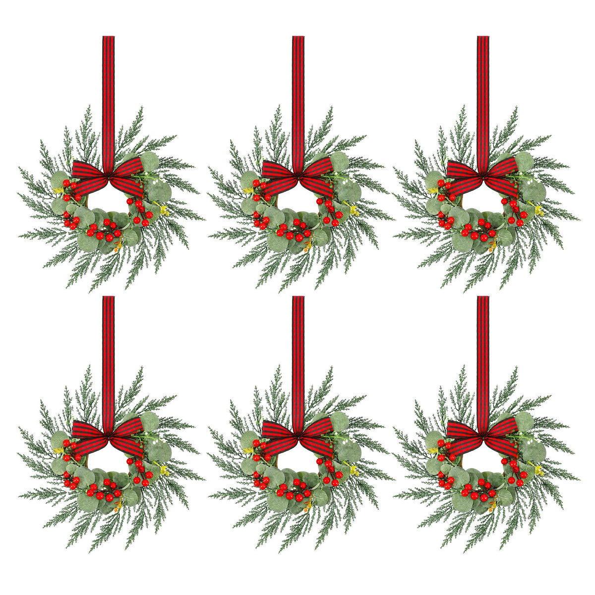 Jingle Jollys 6x Christmas Wreath Garland 26cm Pre-lit Wreaths Red Berries Bow