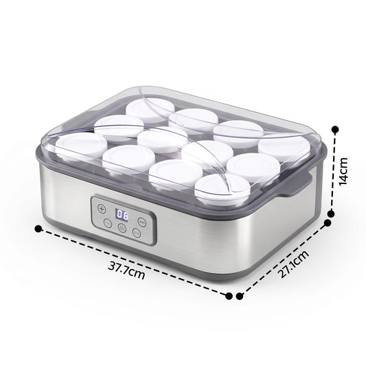 Devanti Yoghurt Maker Machine with 12x180ml Glass Cups Temp Control Grey