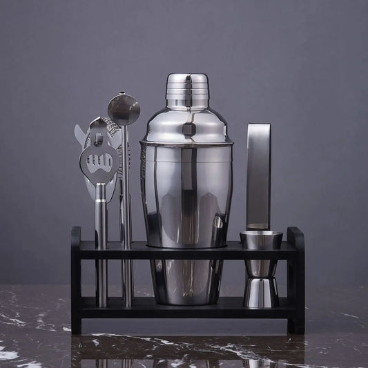 Davis and Waddell Bar Set with Stand 7 Piece Stainless Steel with Acacia Wood Stand